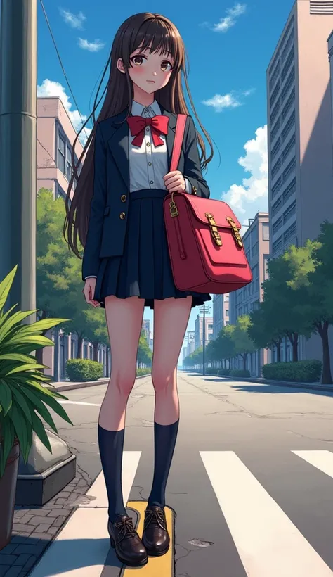 anime girl in uniform standing on a street corner with a red bag, beautiful anime high school girl, anime girl wearing a black dress, style anime, anime style 4 k, anime art wallpaper 8 k, anime art wallpaper 4 k, anime art wallpaper 4k, anime girl, an ani...