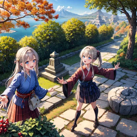 Chestnut Hair、 blue eyes、 with hair tied 、Two cute、 plaid mini skirt、 BLACK T-SHIRT、 Long Sleeve 、kimono、striped high socks、Teeth are visible、lawn、The stone is cracked、Uneven ground、The road is curved、View from above、Large autumn tree、Mountain々、 fence、isol...