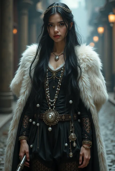 Girl 18 years old dressed in an ermine coat , Medieval pants and short tunic without shoes 
Black hair long dyed very white with pearls in hair. 
No jewelry and silver-colored wooden stick in the hand 