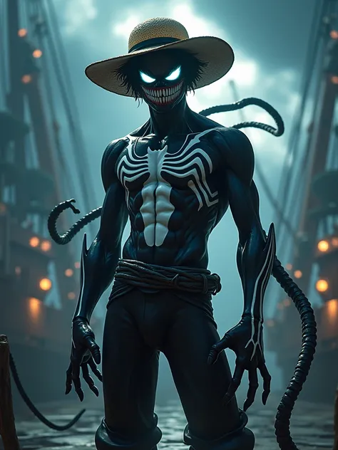 Epic hybrid character combining Luffy from One Piece and Venom in a perfect fusion. The character features Luffy’s iconic straw hat and carefree expression, blended seamlessly with Venom’s sinister black symbiote suit, complete with glowing white veins and...