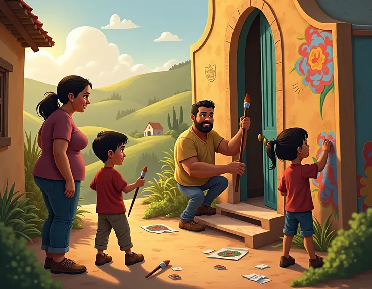  The González family working together: the father building the chapel  ,  the mother organizing activities ,  and the two ren painting murals  