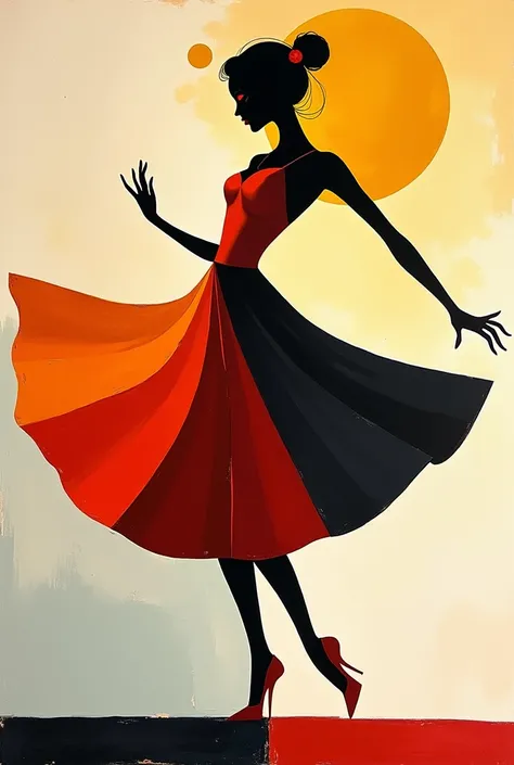 abstract female figure in a dance in the style of Mondrian, used pleasant colors in the natural range of colors, the painting radiates a state of happiness and harmony, shows the plasticity of the silhouette, use clear and smooth lines, the girls body bend...