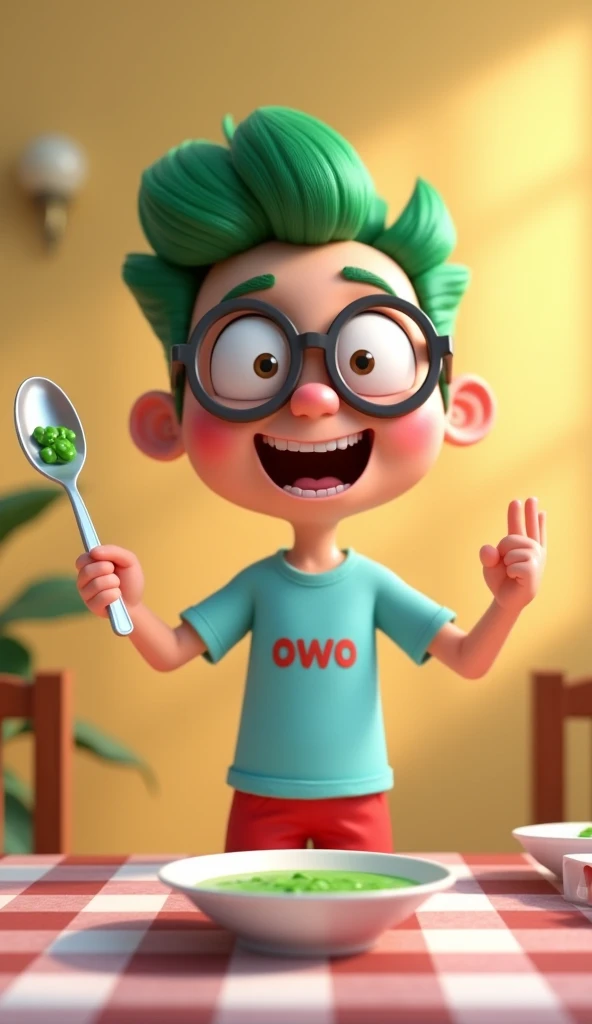 in 3 D animation image of a joyful facial expression and an energetic pose. and A cute and nerdy, with big round glasses, wearing a light blue t-shirt with "owo" printed on it, red shorts, and bright green hair.. The style is 3D animation with a pastel col...