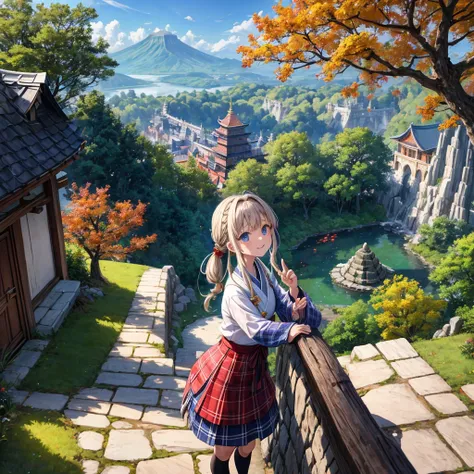 Chestnut Hair、 blue eyes、 with hair tied 、Two cute、 plaid mini skirt、 BLACK T-SHIRT、 Long Sleeve 、kimono、striped high socks、Teeth are visible、lawn、The stone is cracked、Uneven ground、The road is curved、View from above、Large autumn tree、Mountain々、 fence、isol...