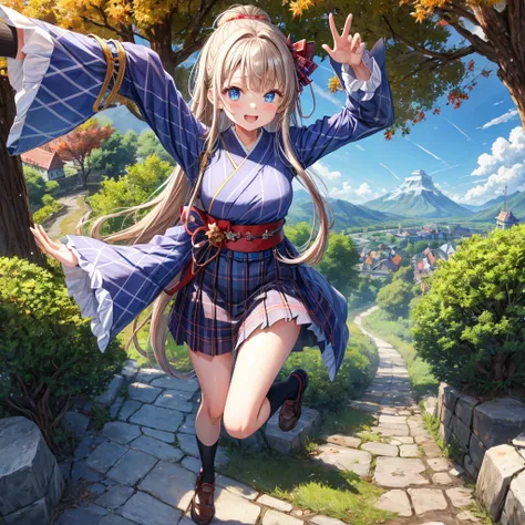 Chestnut Hair、 blue eyes、 with hair tied 、Two cute、 plaid mini skirt、 BLACK T-SHIRT、 Long Sleeve 、kimono、striped high socks、Teeth are visible、lawn、The stone is cracked、Uneven ground、The road is curved、View from above、Large autumn tree、Mountain々、 fence、isol...