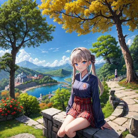 Chestnut Hair、 blue eyes、 with hair tied 、Two cute、 plaid mini skirt、 BLACK T-SHIRT、 Long Sleeve 、kimono、striped high socks、Teeth are visible、lawn、The stone is cracked、Uneven ground、The road is curved、View from above、Large autumn tree、Mountain々、 fence、isol...