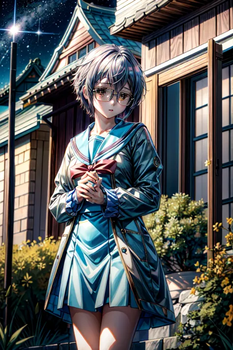 (masterpiece), (ultra-high detail), (best quality), Yuki with a serene expression, wearing a meticulously detailed blue skirt and glasses, dressed in a precisely designed serafuku summer uniform with intricate kneehighs. She stands gracefully on ancient te...