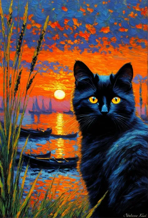 Monet　１Black Cats　 orange sunset　cats eyes are blue 