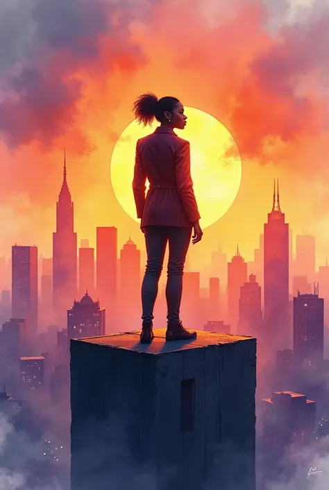 A dramatic watercolor painting of the black female architect standing atop a large, unfinished building at sunset. The city skyline stretches out behind her, bathed in hues of orange, purple, and pink. Her posture is firm and unyielding, her gaze forward. ...