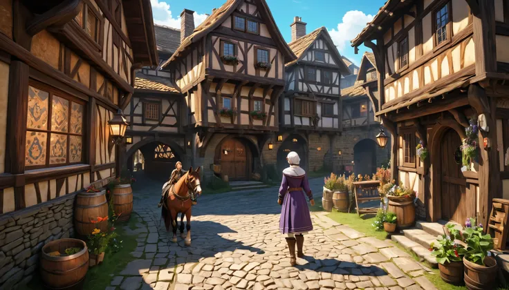 (anime, fantasy,  medieval town), (детальный CG unity 8k обои, masterpiece,  best quality, detailed, HDR:1.2), bright colors,  intricate , high FXAA, a humble  medieval town, crossing the alley,  half-timbered houses , fantasy medieval, unique houses, Live...