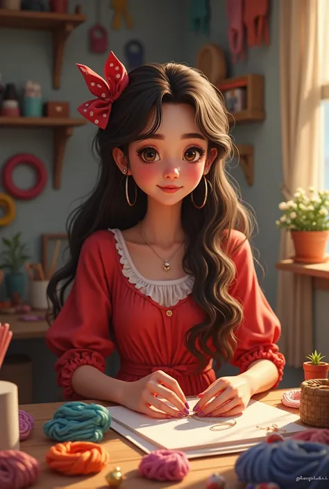 Scenario: a woman wearing a red dress and wearing a bow in her hair making hair ties in her studio 