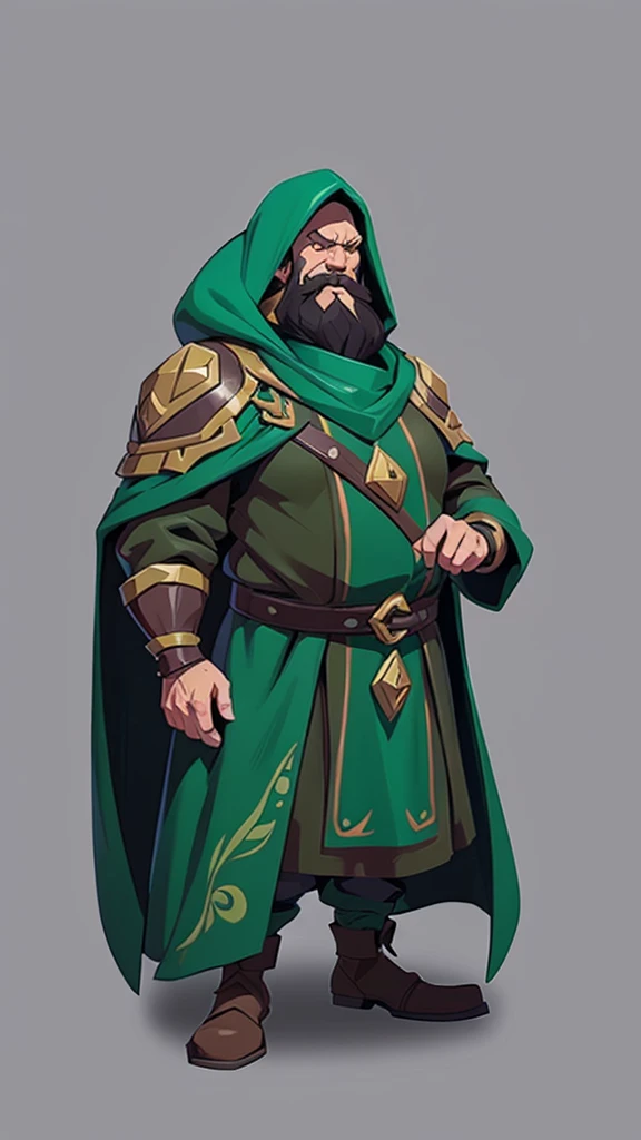 mstoconcept art, european and american cartoons, game character design, solo, 1MAN, Druid, MALE dwarf, CLEAN FACE,  GRAY BACKGROUND, druid, chubby, short height, small height, really long beard, beard long, FULL BODY, STANDING, green cloak with HOOD, black...