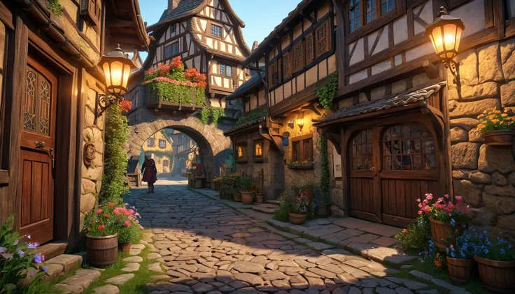 (anime, fantasy,  medieval town), (детальный CG unity 8k обои, masterpiece,  best quality, detailed, HDR:1.2), colors,  intricate , high FXAA, a humble  medieval town, crossing the alley,  half-timbered houses , fantasy medieval, unique houses, Lively crow...