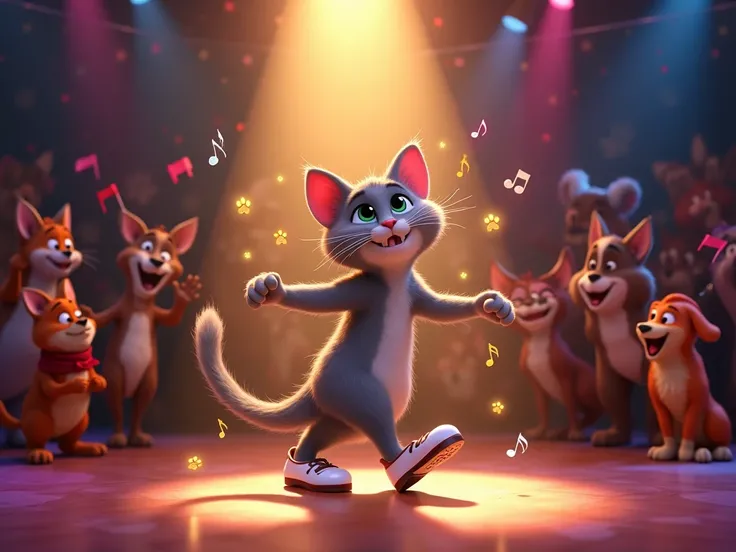 Disney pixar animation style, A lively stage scene featuring the dancing gray tabby cat under a bright spotlight. The cat performs an intricate tap dance, with colorful sparks flying off his shiny tap shoes. Musical notes float in the air around him, and h...