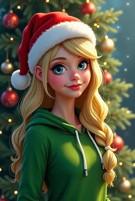 Blonde Disney princess with blue eyes as Grinch in Christmas hoodie and Santa hat in front of the Christmas tree. As vector graphic. 