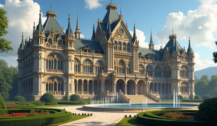 In a castle similar to the Palace of Versailles、 blend French and Spanish Baroque with Germanic Gothic in a castle similar to the Palace of Versailles 