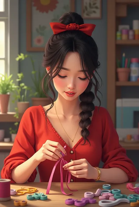 Scenario: a woman wearing a red dress and wearing a bow in her hair making hair ties with ribbon in her studio 