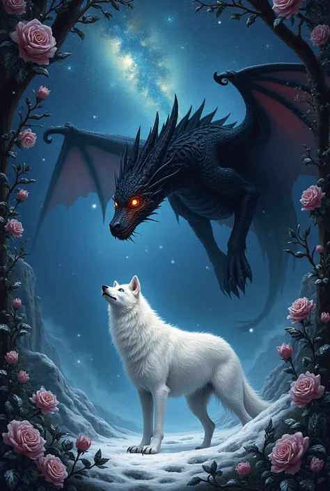 Un dessin féerique représentant un dragon noir aux yeux ou des flamme y sorte au dessus dun loup blanc aux yeux bleus en dessous du loup de la neige au dessus du dragon la voie lactée avec un cadre de rose noire gothiques dans un paysage fantastique  surna...