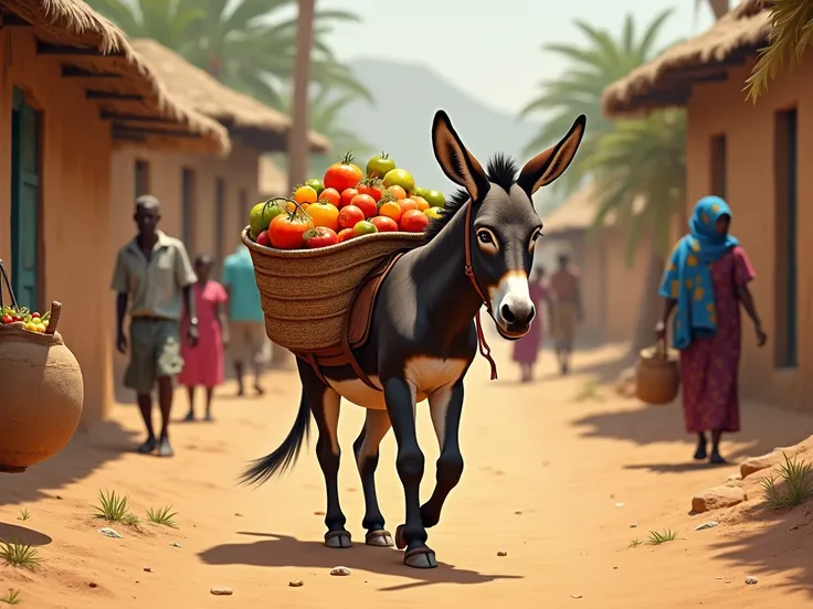 Lânesse marchant avec un panier de fruits colorés attaché à son dos dans un village africain