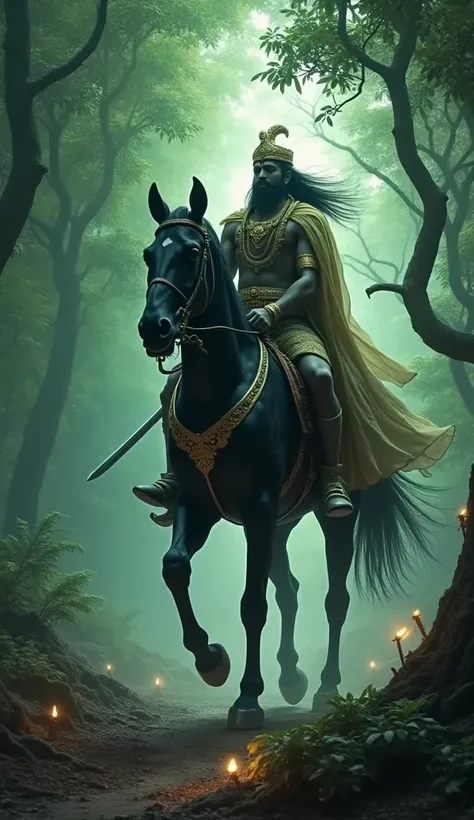 Gogaji Maharaj, the legendary protector, is about to set out on a mission to cleanse a haunted forest of evil spirits. He rides a majestic black horse, his sword gleaming with divine energy. Beside him, his trusted companion, Nagraj, a giant, glowing serpe...