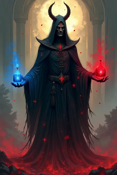 je veux un dessin de sataniste qui aurait des pouvoir grâce à des sacrifices humains, os , sang et qui tiendrait dans ses mains deux potions, une bleu qui serait une potion de soin et une rouge qui serait une potion de mort. La sataniste serait effrayante 