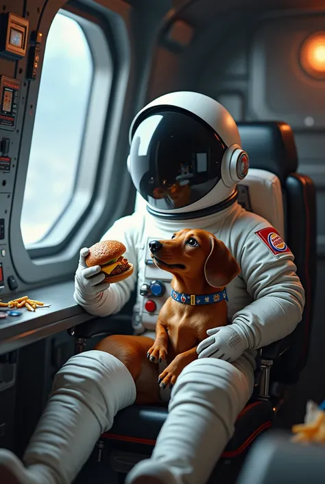 Astronaute dans une fusée qui mange burger king avec un teckel assis sur ses genoux 