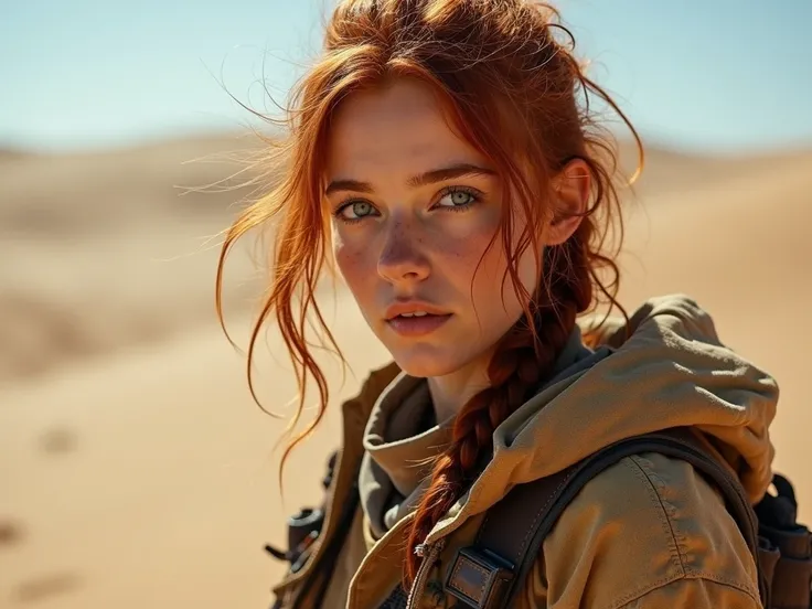 A photo of a redhead 25 years old woman, with sharp blue eyes and brown hair, wearing post-apocalyptic desert clothes, with a dirty face. In the background, a dune desert. 4K