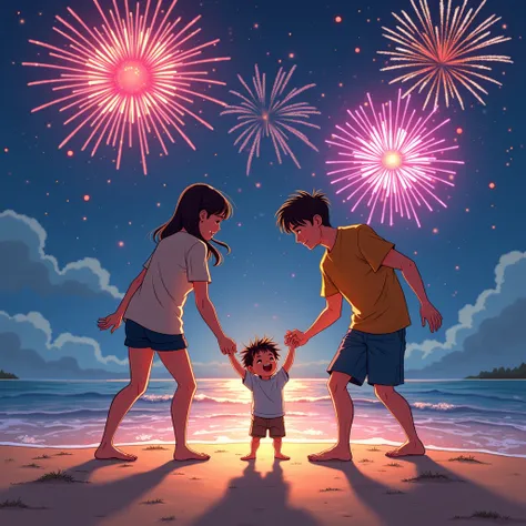 ren with their parents ,  watching a fireworks display on the edge of the beach and playing happily, night scene in 2D comic style 