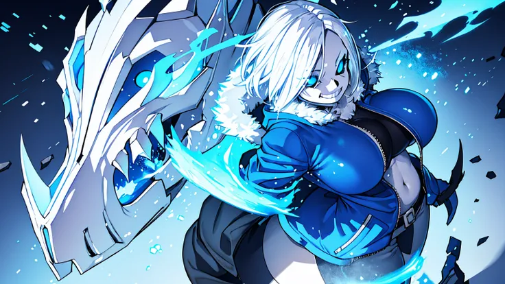 Sans Blue Jacket Black Shirt Fire Eyes Skull Smile Long Lashes White Short Hair Luminous Face Blue Dragon Skull Cannon One Person Standing In Snow Town Femininefull Super huge big breasts breast enlargement full-body shot