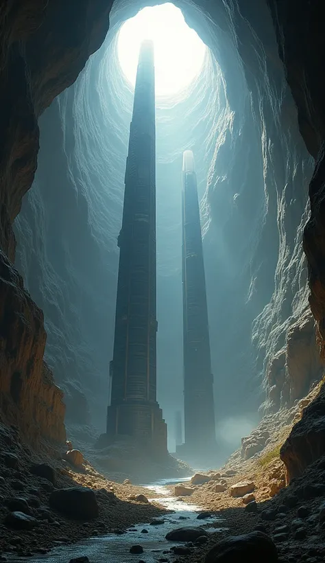 Create a cave scene where 40-story skyscrapers could stand. The large and empty space, the high ceiling and vastness of the cave should be shown.