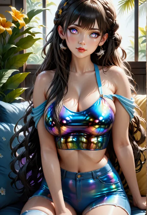 1maturegirl,mahiru shina, Long smooth straight black hair, inner dark iridescent hair, iridescent eyes,aesthetic curvy figure,sitting in crop top and short jeans,masterpiece, super detail,detailed eyes, best quality, 8k,realistic