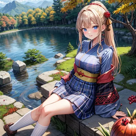 Chestnut Hair、 blue eyes、 with hair tied 、Two cute、 plaid mini skirt、 BLACK T-SHIRT、 Long Sleeve 、kimono、striped high socks、Teeth are visible、lawn、The stone is cracked、Uneven ground、The road is curved、View from above、Large autumn tree、Mountain々、 fence、isol...