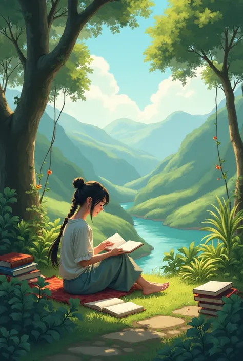 Landscape of ren enjoying reading books