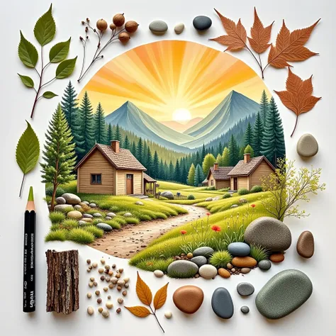 summer,  leaves and seeds of various plants,  bark and other parts , Make a handmade sticker with stones , Watercolor Pencil,  ,  beautiful , early summer, Sunrise Mountain Village , Simple composition ,  Masters work