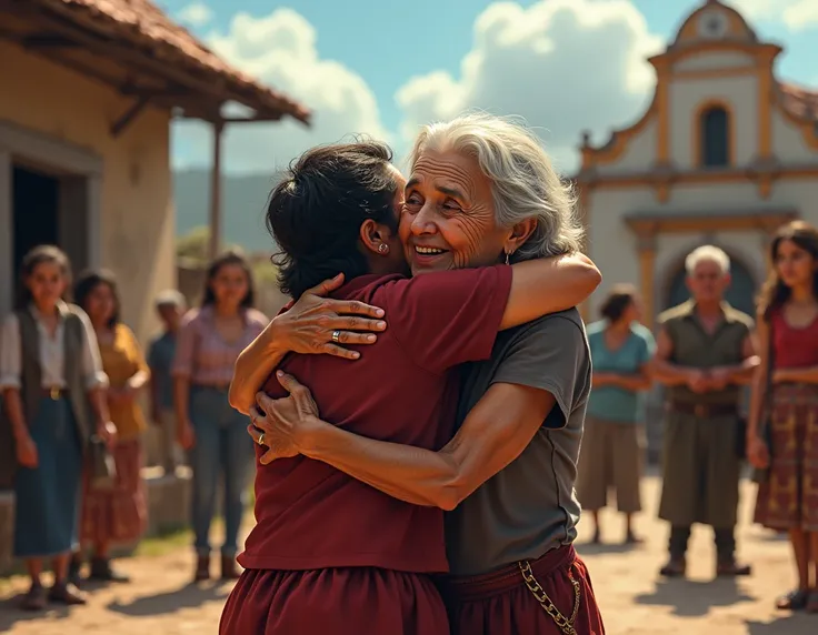  The villagers gather in a small square to welcome the González family. in the center, rosa, an old woman with a kind face , embrace the family with tears of sadness . The background shows the damaged chapel.