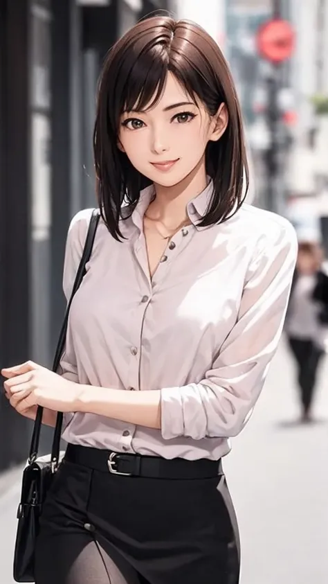 Young woman walking through the city、Beauty、 excellent style 、 dark eyes、light pink button shirt、 black tight skirt、smile