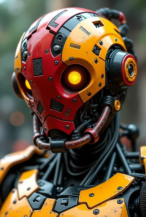  Close-up image of a highly detailed robot .  This robot has a futuristic and mechanical design ,  in striking dark red and yellow colors .   The parts look complicated , with a lot of wires , pipe,  and clearly visible mechanical components .   There is a...