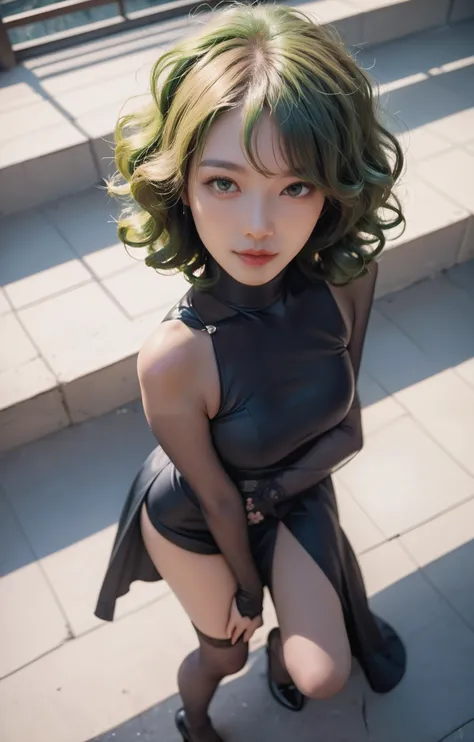 Japanese appearance, masterpiece, realism, high quality, 8k, beautiful lighting, dynamic pose, sexy, 1girl, solo, green curly hair, sexy black tight dress