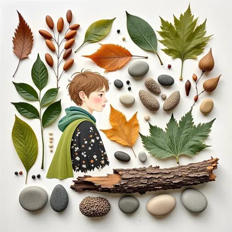 Leaves and seeds of various plants, bark and other parts, stones, watercolor pens, form a handmade collage, 1girl, beautiful, simple composition, a masterpiece