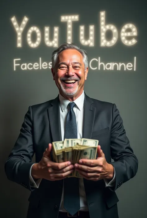 A man holding a lot of money and smiling . On his background youtube faceless chanal is writen in air . 