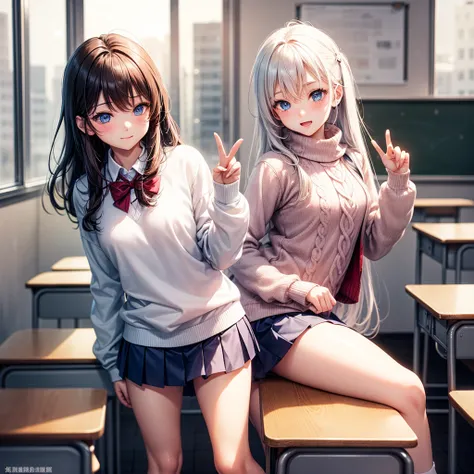 1 person, ,  dynamic pose ,  dynamic angle , The pose arrangement ,High quality work，  shows off your legs ，(Long white hair),( blue eyes), Rose Cheeks,  pretty face, ( erotic),School, In the classroom,  Round and small breasts、Warm clothes、sweater、winter、...