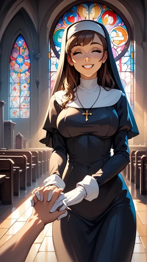 score_9, score_8_up, score_7_up, score_6_up, backlighting, light rays, 1girl, adult woman, beautiful, best perfect anatomy, medium breast, thin, curve body, nun, white glove, long hair, deep brown hair, bangs hair, closed eyes, Pretty Face, wholesome, happ...