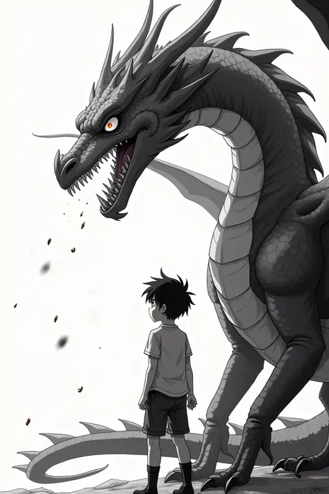 Make a whit black backgrounded pic with a boy having a dragon who has ate a sun (ANIME edition)