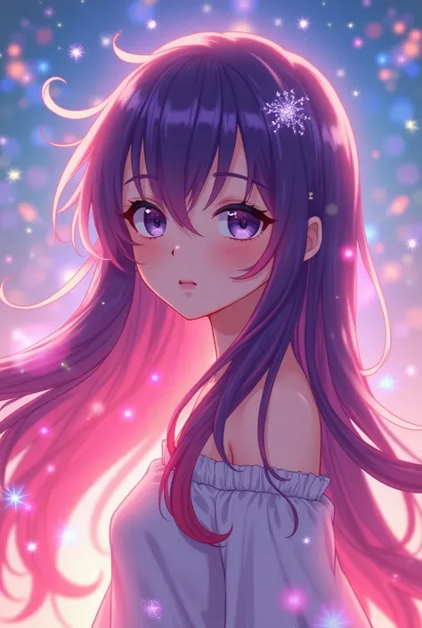 I want a pfp , make an anime girl with a color theme of bright colors like purple red pink white and some gliter and shinning to it 