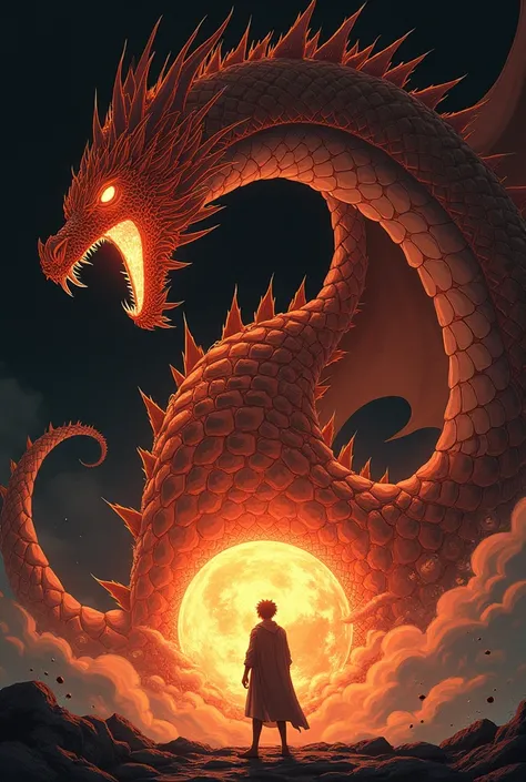 Make a white black backgrounded pic with a man having a dragon who has ate a sun (ANIME edition)