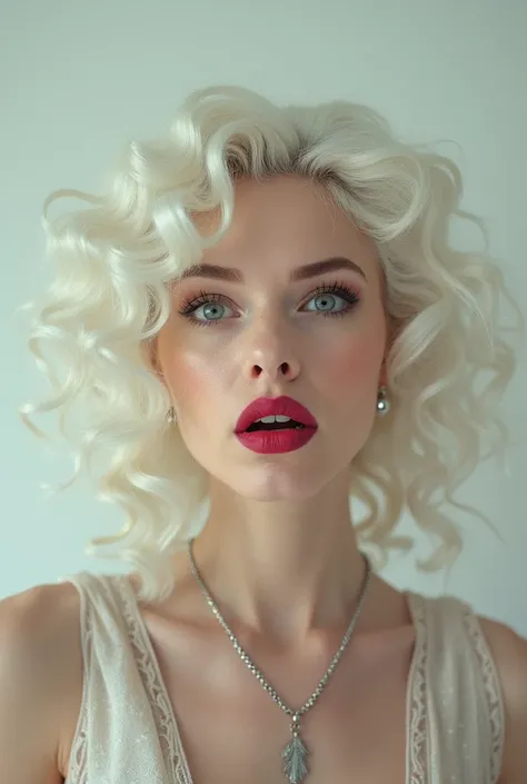  Photo of a womans face,  she is surprised , on a light background , lips painted , curly white hair