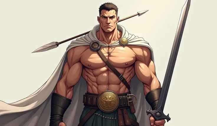 Slightly Anime a person with muscular body not wearing shirt or tshirt , his face expression should be normal,head soldier of king hd photo , holdings arrow,sword,and seal