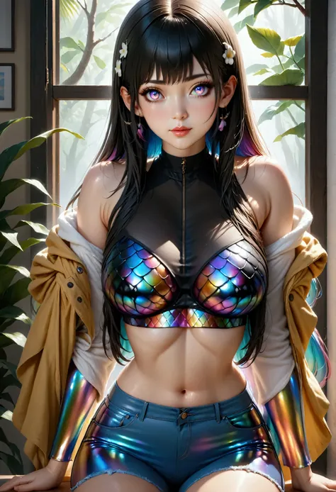 1maturegirl,mahiru shina, Long smooth straight black hair, inner dark iridescent hair, iridescent eyes,aesthetic curvy figure,sitting in crop top and short jeans,masterpiece, super detail,detailed eyes, best quality, 8k,realistic