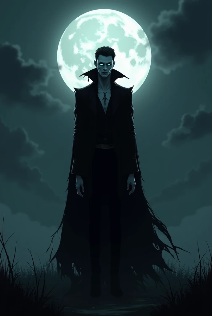 A male vampire under the moonlight on a dark night