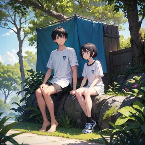  One boy is , Blue eyes, Black hair,  Wearing a white sports shirt ,  Wearing black sports shorts ,  tree wearing white sports shoes ,  surprised face ,  surprised eyes ,  The eyes are looking forward , From the front , Sitting,  Sit down and relax under t...